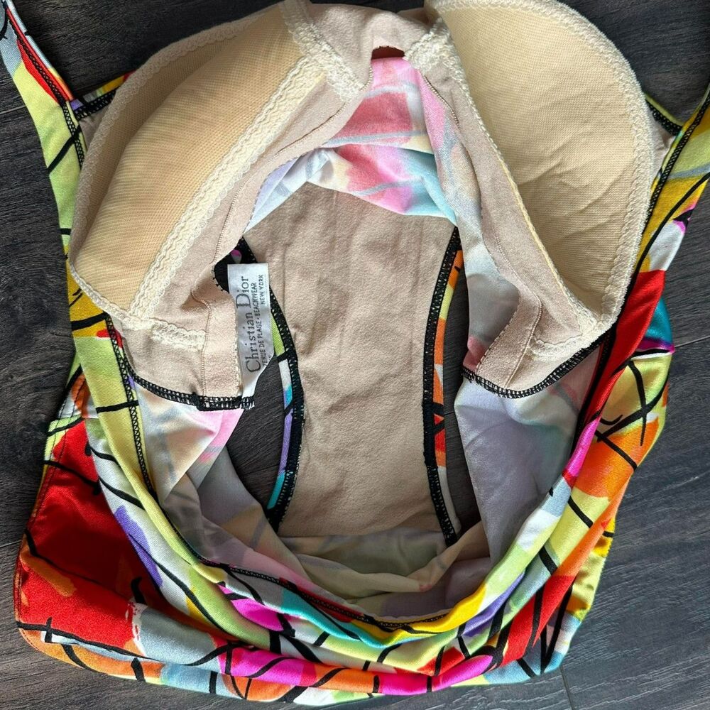 Vintage Christian Dior One-Piece Swimsuit Halter Bright Colorful Abstract Print - Picture 8 of 8